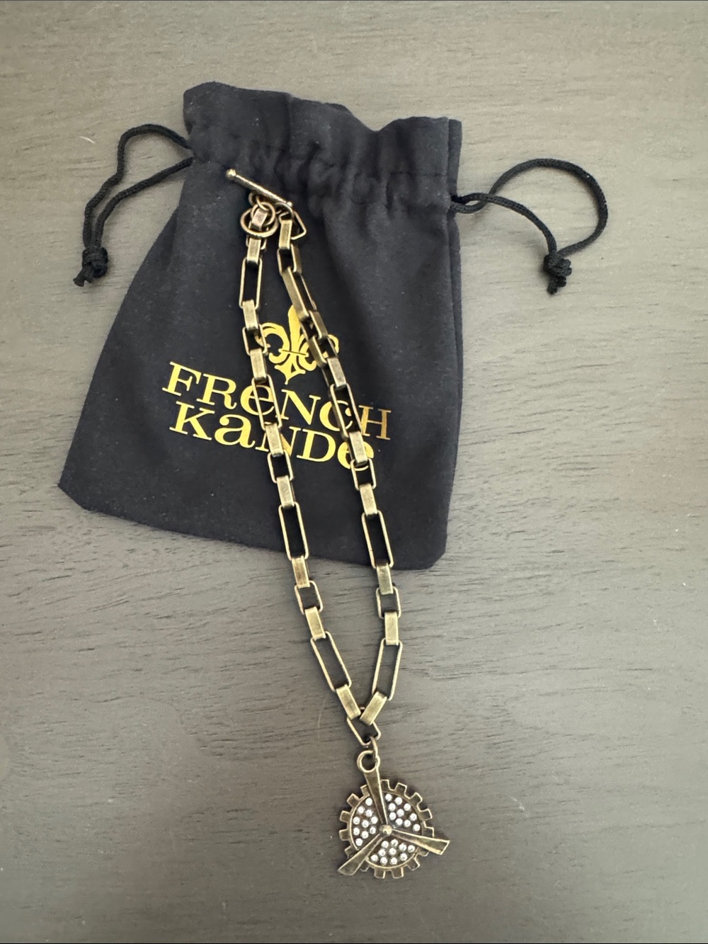 French Kande Brass-Tone Chain Necklace with Vol Pendant
